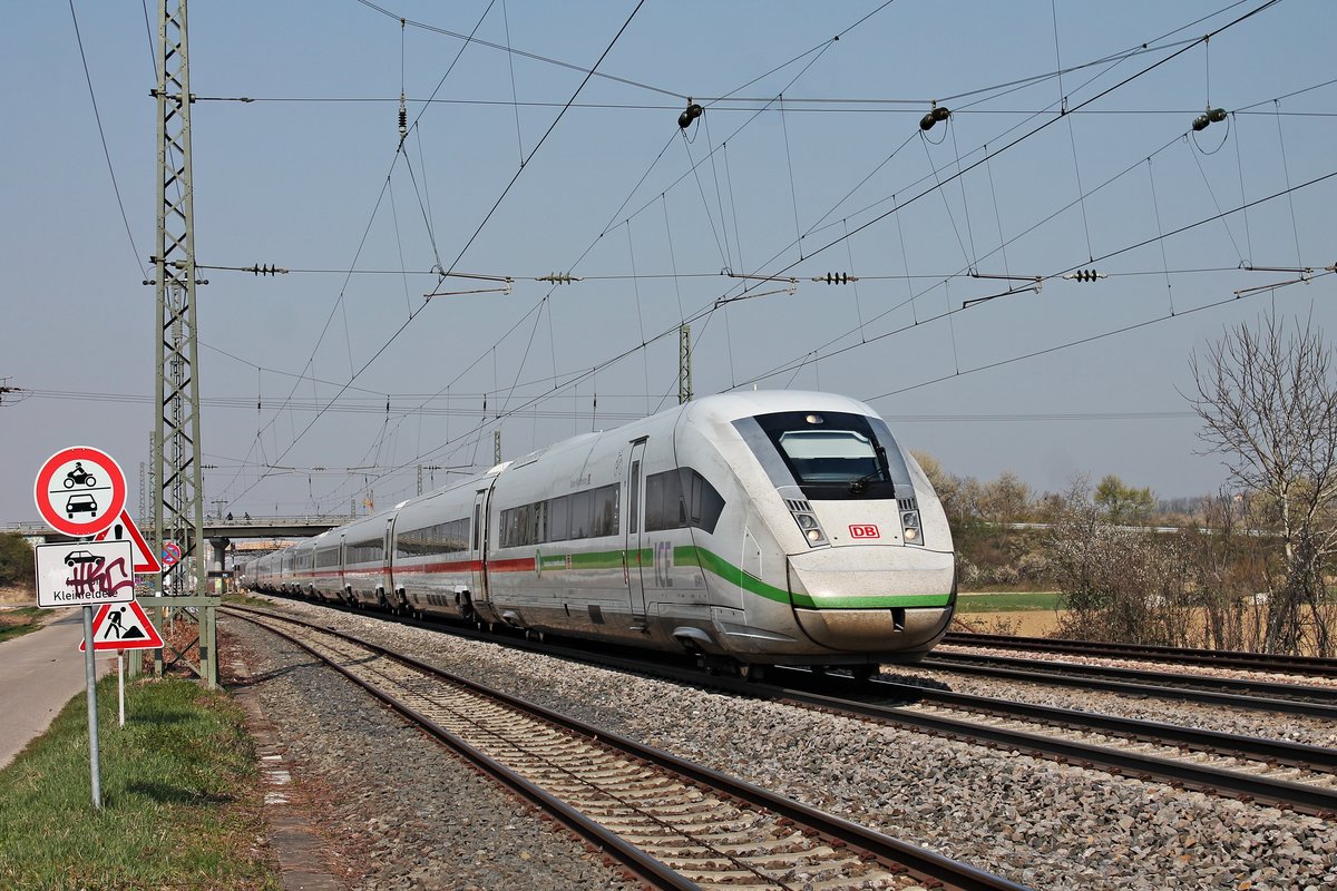 Durchfahrt am Nachmittag des 28.03.2020 von 412 041 (9041/5812 041-2)  Baden-Württemberg  als ICE 73 (Kile Hbf - Basel Bad Bf) durch die Gleisanlagen vom Bahnhof Müllheim (Baden) im Markgräflerland in Richtung Schweiz.