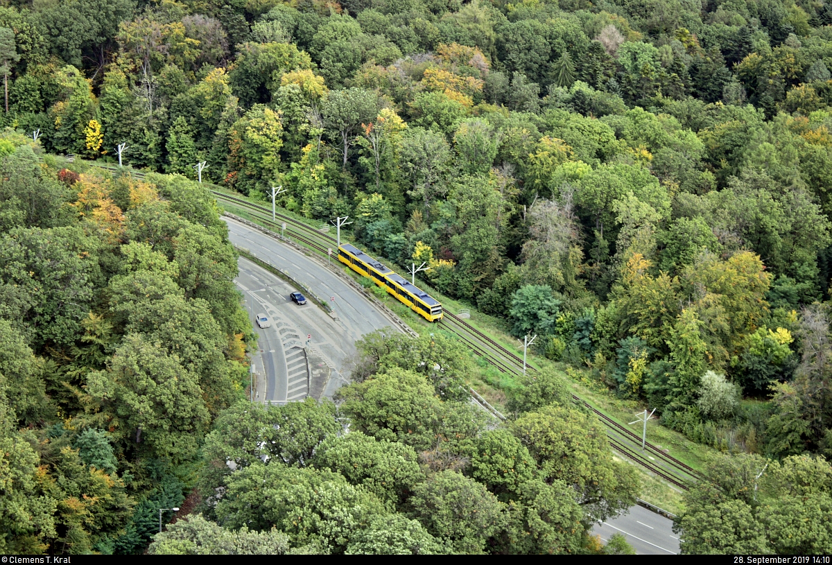 Durchs Grün:
Ein DT 8 der Stuttgarter Straßenbahnen AG (SSB) als U15 von Stammheim nach Ruhbank (Fernsehturm) fährt seiner Endhaltestelle entgegen.
Aufgenommen von der Aussichtsplattform des Fernsehturms Stuttgart.
[28.9.2019 | 14:10 Uhr]