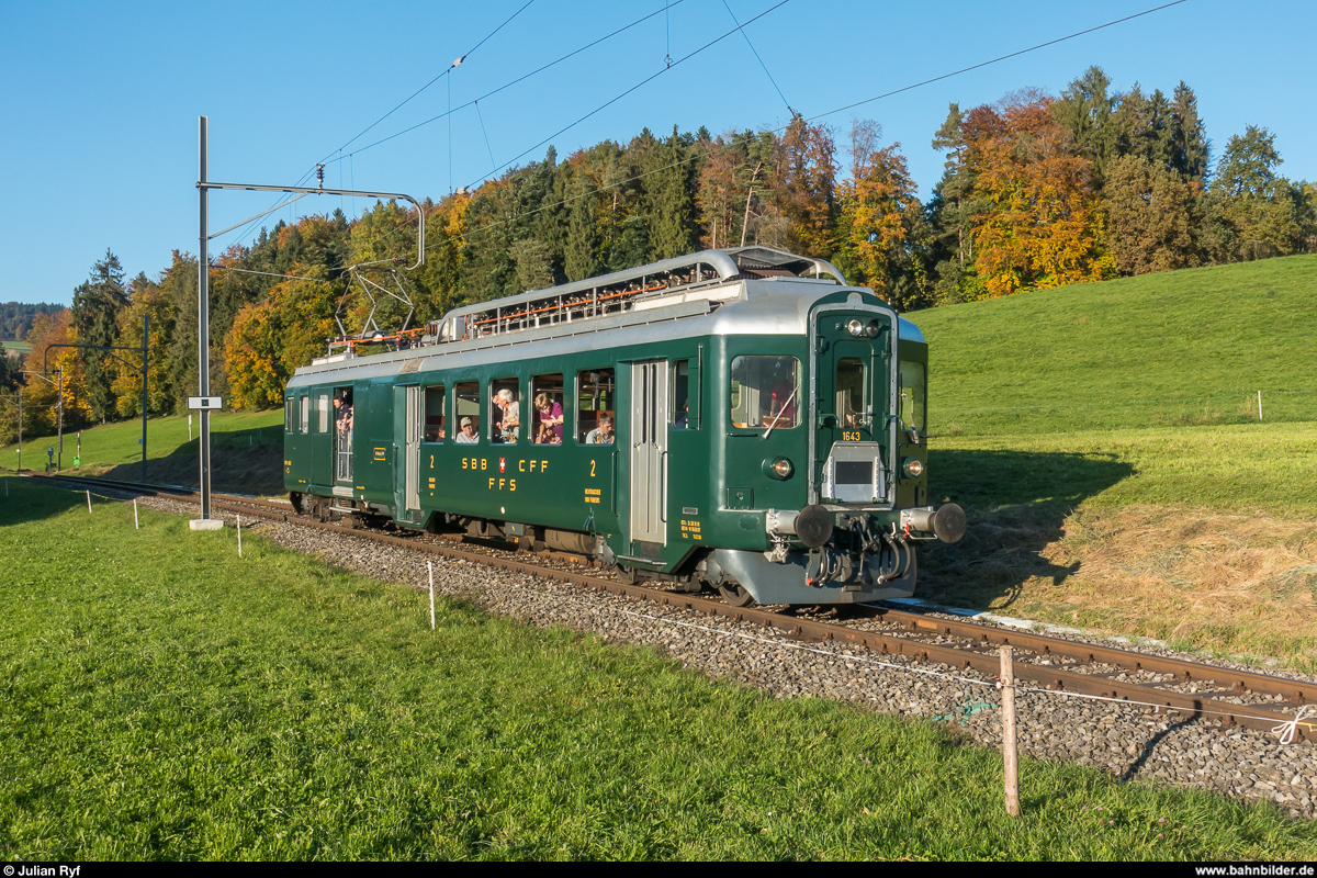 DVZO Fahrzeugtreffen 2017. BDe 4/4 1643  Wyländerli  vom SBB Historic Team Winterthur am 15. Oktober 2017 auf dem Weg von Bauma nach Winterthur kurz nach Ettenhausen-Emmetschloo.