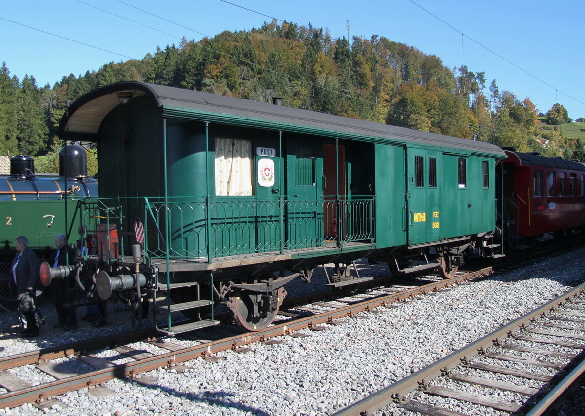 DVZO Nebenbahntreffen in Bauma.Postwagen ex.MThB FZ502,vom DVZO auch  Balkonwagen  genannt.16.10.16
