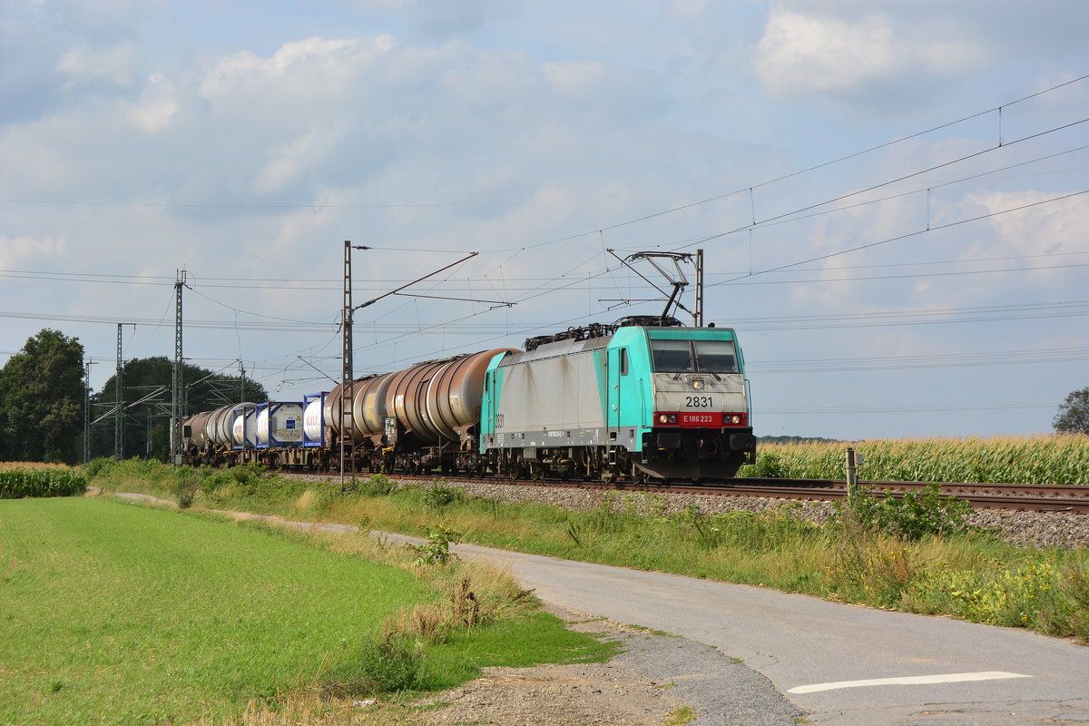 E186 223 rauscht mit einem kurzen Güterzug durch Meerhog Richtung Wesel.

Meerhog 16.08.2019