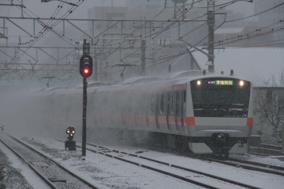 E233 :Electoric-Car. JR-East Chuuou-Line.Series E233 Electoric Car in Hino-City,Tokyo,Japan 08.Feb.2014  Very SNOW Day