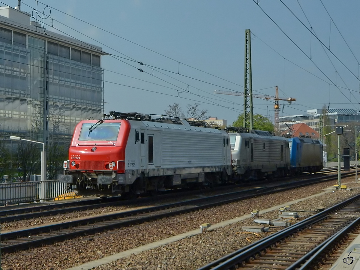 E37 529 als  Schlusslicht  eines 3er Lokgespannes. (Dresden, April 2017)
