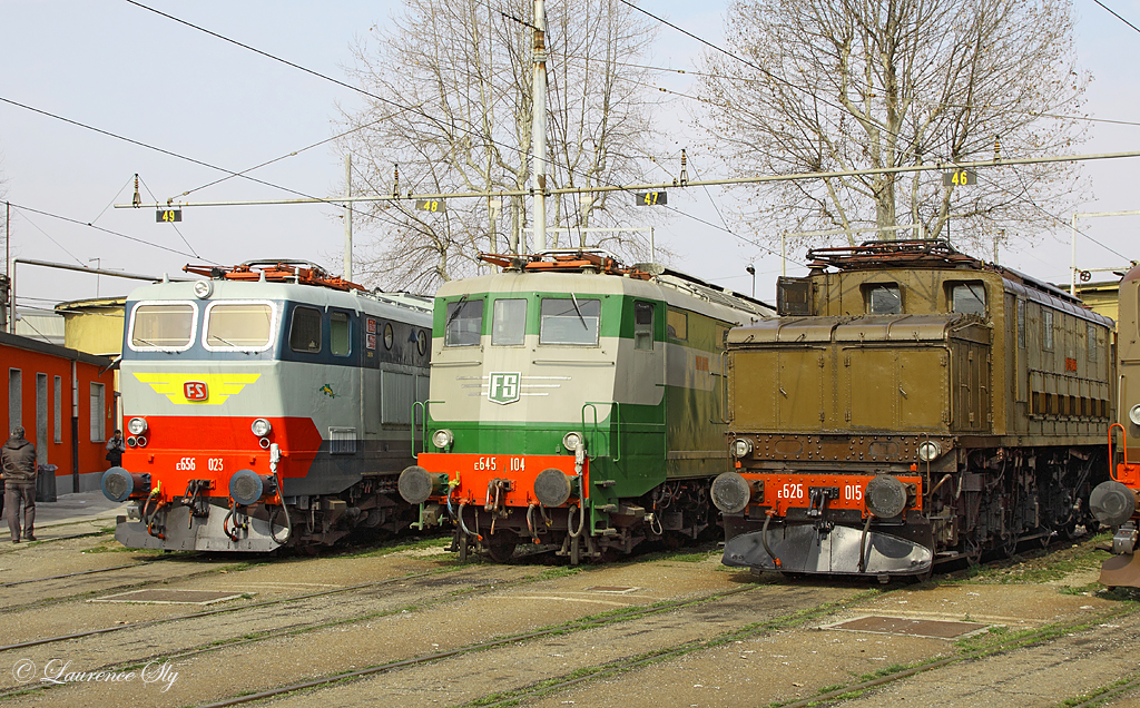 E.656 023, E.645 104 & E.626 015 on display at Milano Smistamento, 23 March 2013.