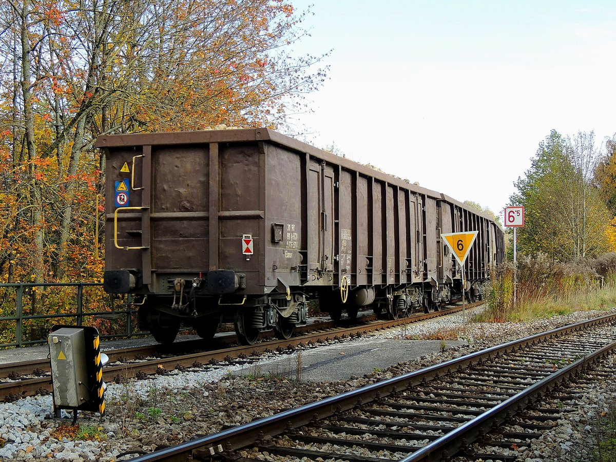 Eanos 31 81 5375 530-4 randvoll beladen mit Zuckerrüben; am Weg vom Verladeplatz Geinberg in Richtung Zuckerfabrik, Durchfahrt Bhf. Ried; 191025