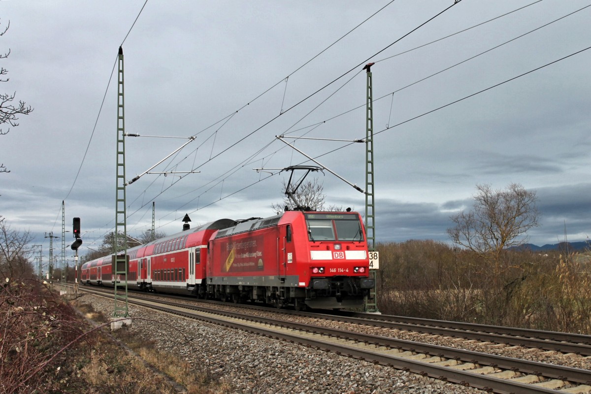 Ebenfalls am 14.02.2014, die Freiburger 146 114-4  Baden-Württemberg erfahren  mit einem RE aus Basel bei der Einfahrt in Müllheim (Baden).