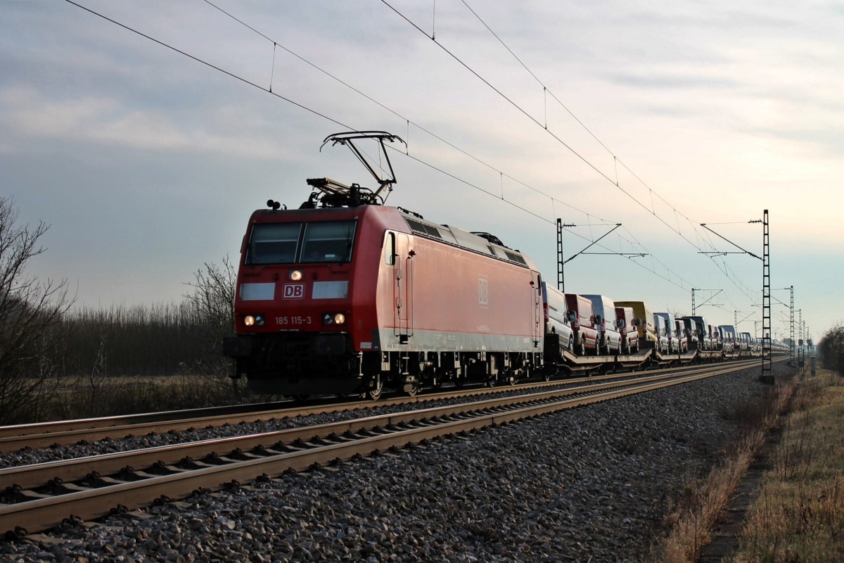 Ebenfalls am 18.01.2014, die Mannheimer 185 115-3 mit dem Fiatzug aus Italien nach Lahr (Schwarzwald) süd lich von Buggingen gen Freiburg.