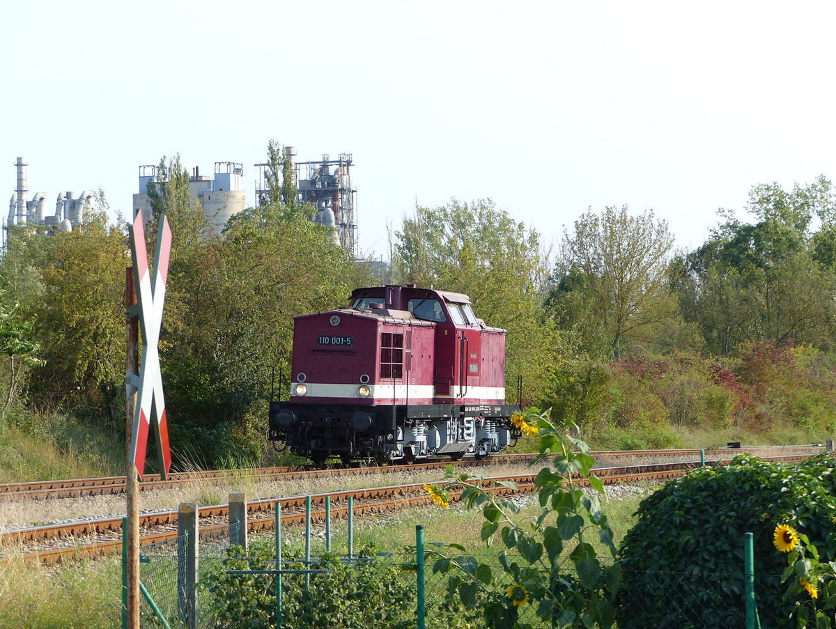 EBS 110 001-5 am 12.09.2020 auf dem EBS-Anschlussgleis in Karsdorf. Sie holte den DPE 30142 aus Weißenfels in Karsdorf Bbf und zog ihn in den Anschluss der Erfurter Bahnservice GmbH.