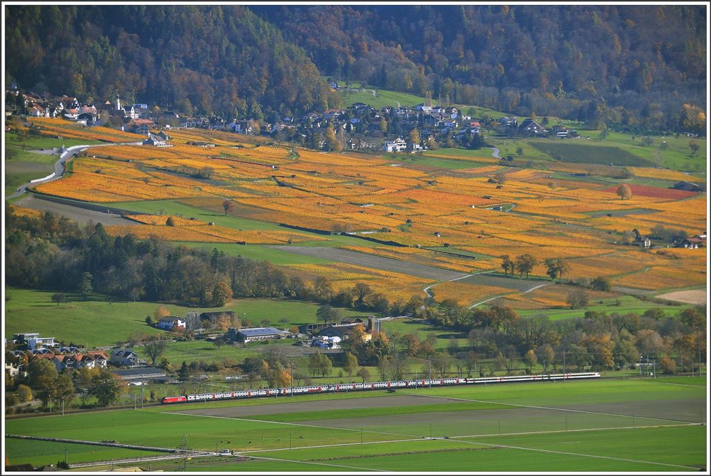 EC 206 ist unterwegs unterhalb der herbstlichen Rebberge von Jenins in der Bündner Herrschaft. Alle heutigen Bilder wurden vom Guschakopf oberhalb Bad Ragaz geschossen. (05.11.2015)