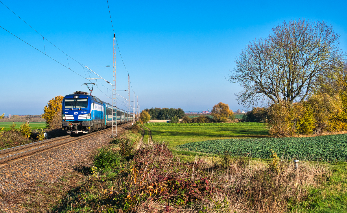 EC173 von Hamburg-Altona nach Budapest-Nyugatí am 10.11.2019 zwischen Großenhain und Priestewitz. Im Hintergrund die Strecke Kottewitz - Medessen sowie die Stadt Großenhain.