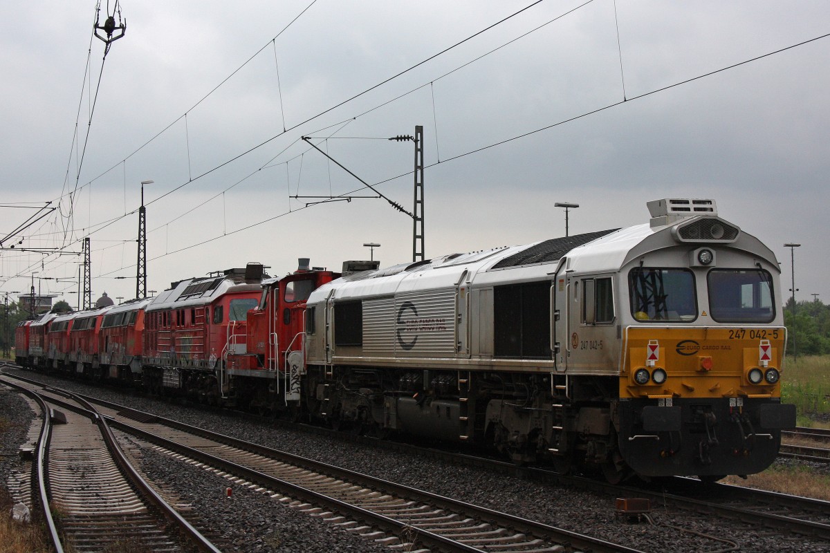 ECR 247 042 am Zugschluss eines Schrottzuges in Duisburg-Bissingheim.Die Lok fuhr als Bremslok mit.