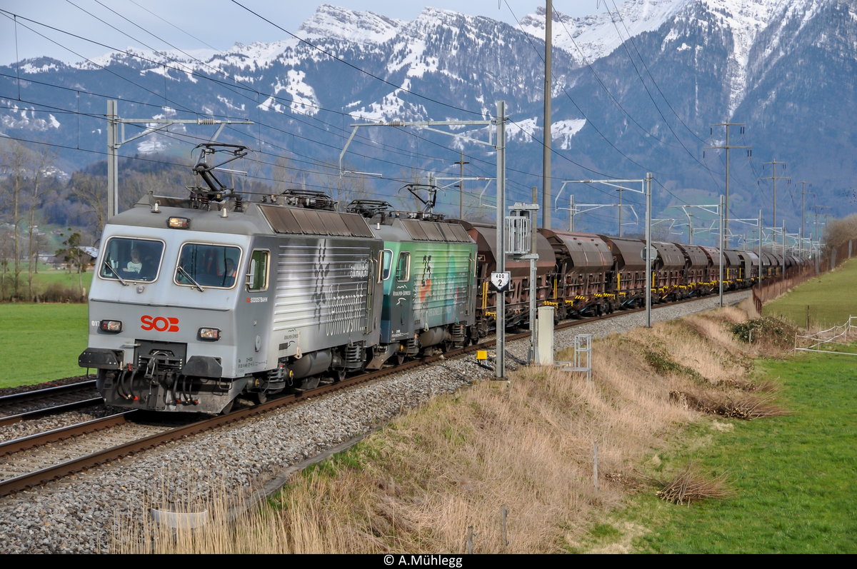 EDG Re 446 017 + Re 446 016 (ex. SOB) mit Güterzug Buchs SG - Herzogenbuchsee bei Buttikon am 8.3.2020