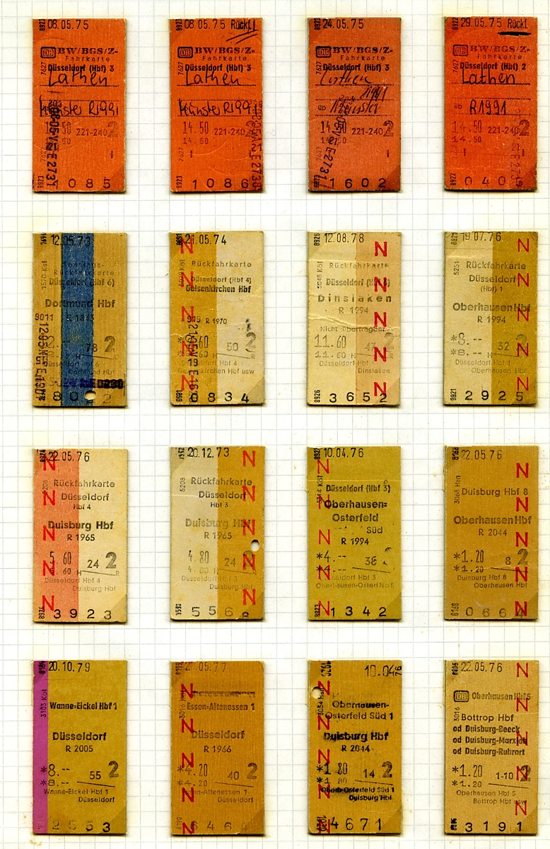 Edmonson'sche Fahrkarten der Deutschen Bundesbahn aus den 1970er Jahren: In der ersten Reihe ermäßigte Fahrkarten für Wehrdienstleistende, darunter verschiedene Fahrkarten aus den 1970er Jahren für Fahrten im Ruhrgebiet