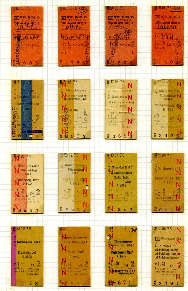 Edmonson'sche Fahrkarten der Deutschen Bundesbahn aus den 1970er Jahren: In der ersten Reihe ermäßigte Fahrkarten für Wehrdienstleistende, darunter verschiedene Fahrkarten aus den 1970er Jahren für Fahrten im Ruhrgebiet