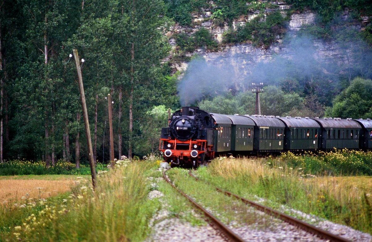 EFZ-Dampflok 64 289 auf den Gleisen der Hohenzollerischen Landesbahn bei einer Plandampffahrt, 22.07.1987