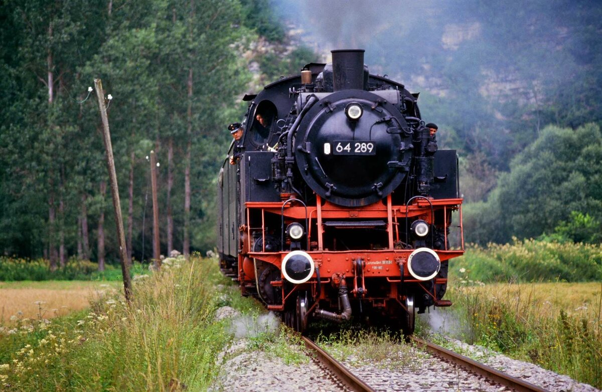 EFZ-Dampflok 64 289 auf den Gleisen der Hohenzollerischen Landesbahn bei einer Plandampffahrt, 22.07.1987