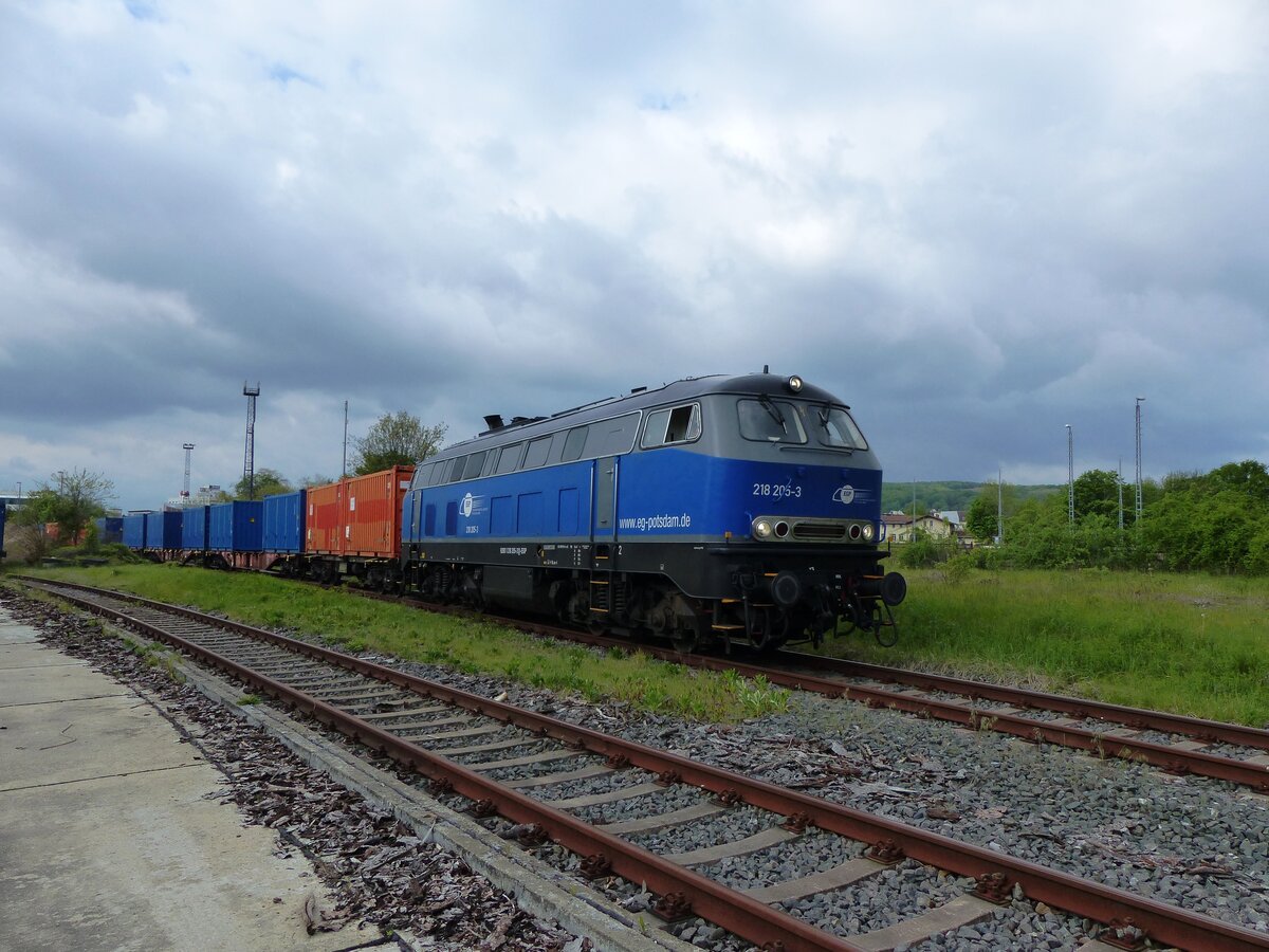 EGP 218 205-3 ( 9280 1218 205 -3 D-EPG ) im Holzbahnhof von Gera beim rangieren eines Kontainerzuges am 18.5.2021