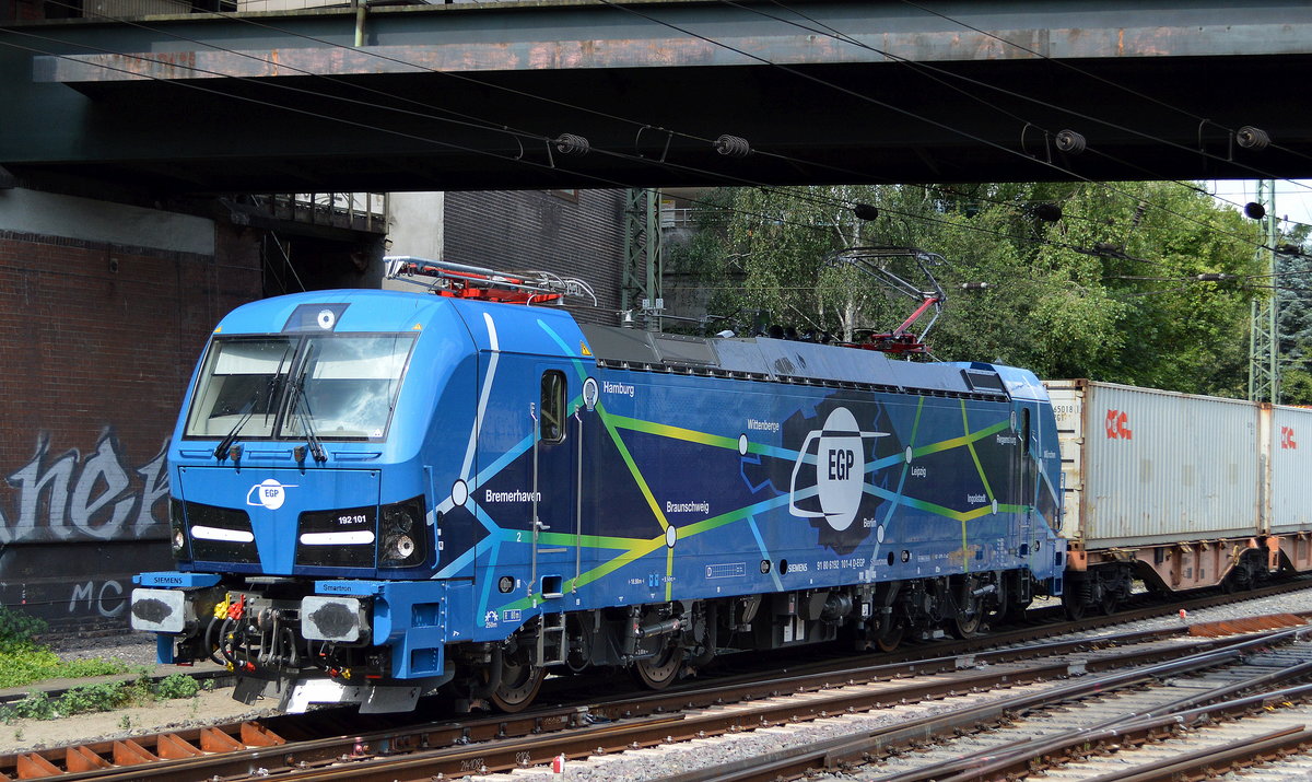 EGP - Eisenbahngesellschaft Potsdam mbH mit  192 101  [NVR-Nummer: 91 80 6192 101-4 D-EGP]  verlässt mit Containerzug den Hamburger Hafen am 06.08.19 Bahnhof Hamburg Harburg.