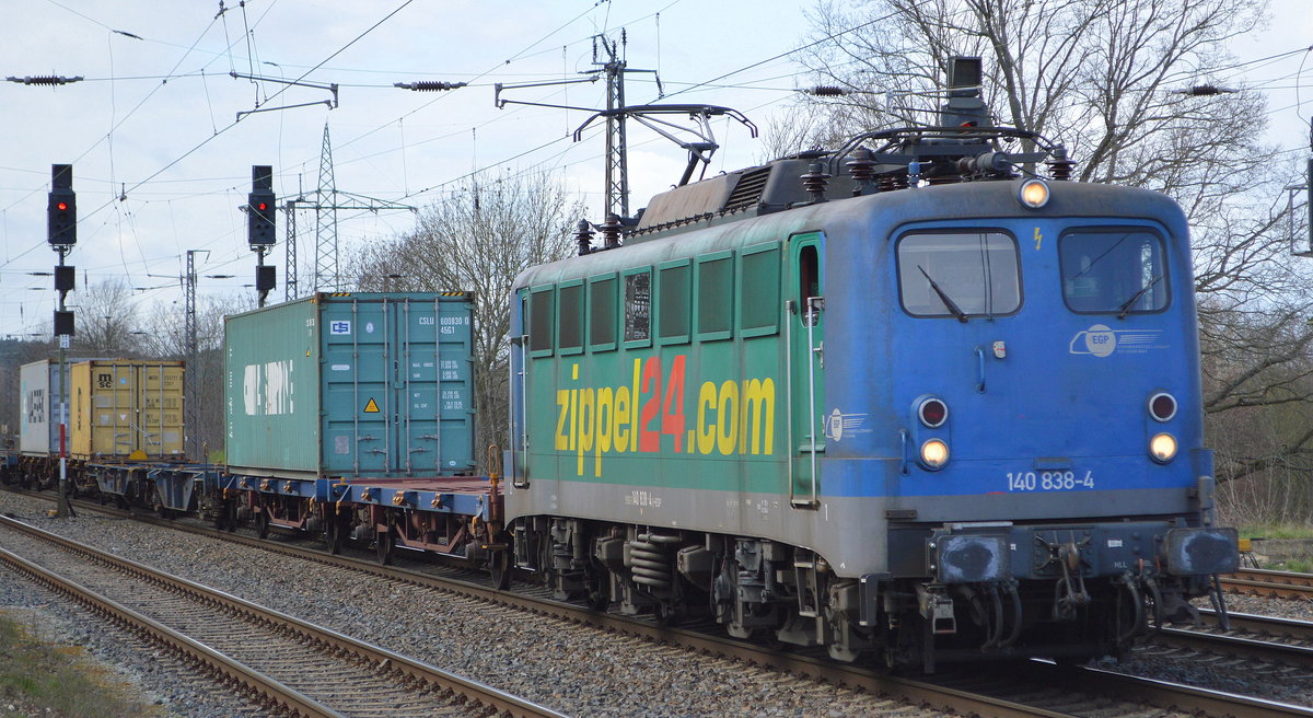 EGP mit  140 838-4  (NVR: 91 80 6140 838-4 D-EGP) und Containerzug am 11.03.20 Durchfahrt Bf. Saarmund.