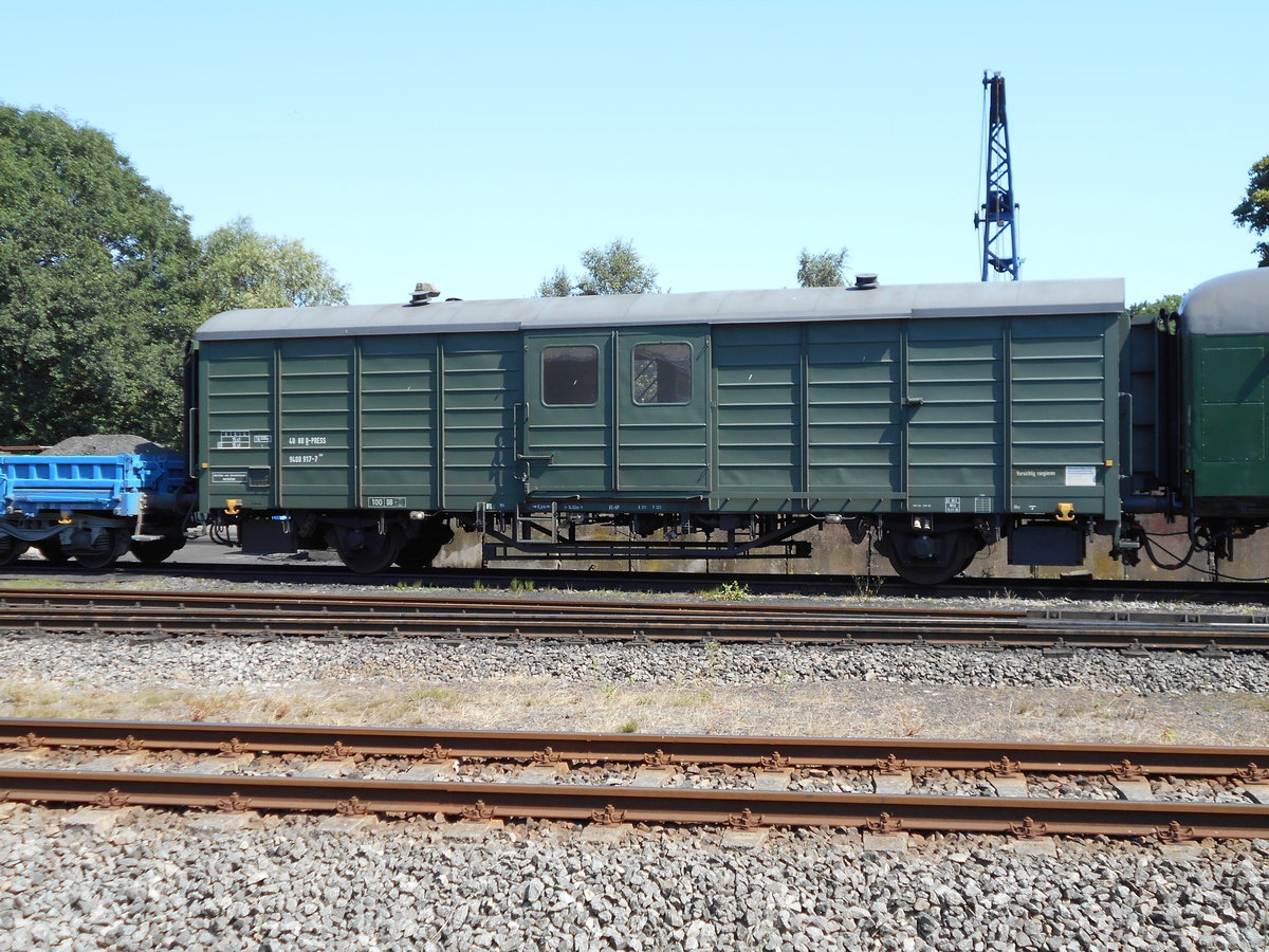 Ehemaliger Hilfszugwagen,Bauart Gbs,am 27.Juli 2018,in Putbus.