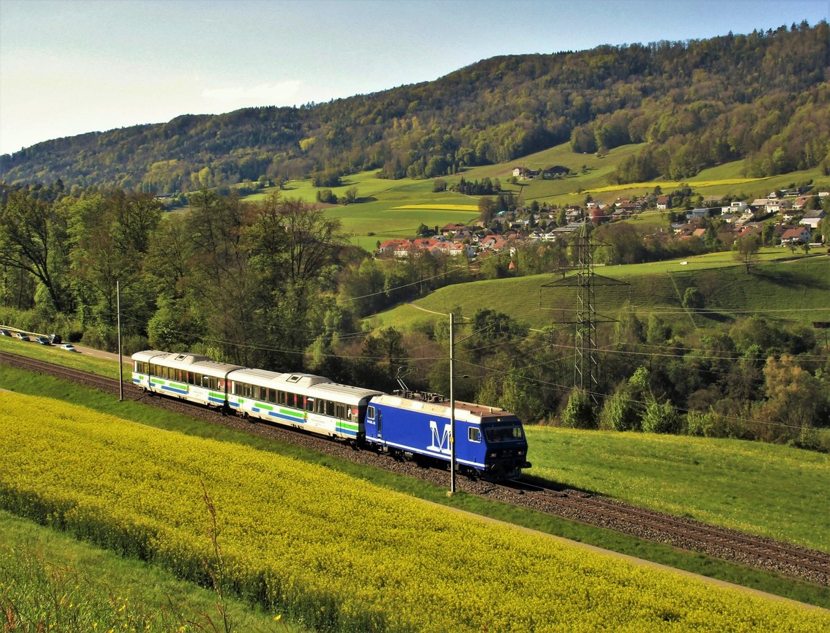 Eigentlich hätte ich um diese Zeit die S41 oder mindestens ein Güterzug erwartet, aber aus Zufall und purem Glück dass ich mich auch auf einer perfekten Fotostelle befand, zeigte sich ein Voralpen-Express auf der Bahnstrecke Bülach-Winterthur? Zwar scheint diese Komposition etwas kurz, sieht jedoch trotzdem wie ein Voralpen-Express aus; aber die Re 456 142-9 der M-Rail AG verrät, dass es sich um einen Extrazug aus zwei VAE-Waggons und einer Re 456 handelt. Die Re 456 142-9 der M-Rail AG (ex RM/BLS/SOB) 85 4456 111-4 CH-MFAG ist seit Dezember 2016 für die M-Rail AG im Einsatz. Seit Februar 2017 verkehrt sie auch in den offiziellen Farben der Müller Frauenfeld Gruppe. Das Foto entstand kurz vor Pfungen. Freitag, 5. Mai 2017