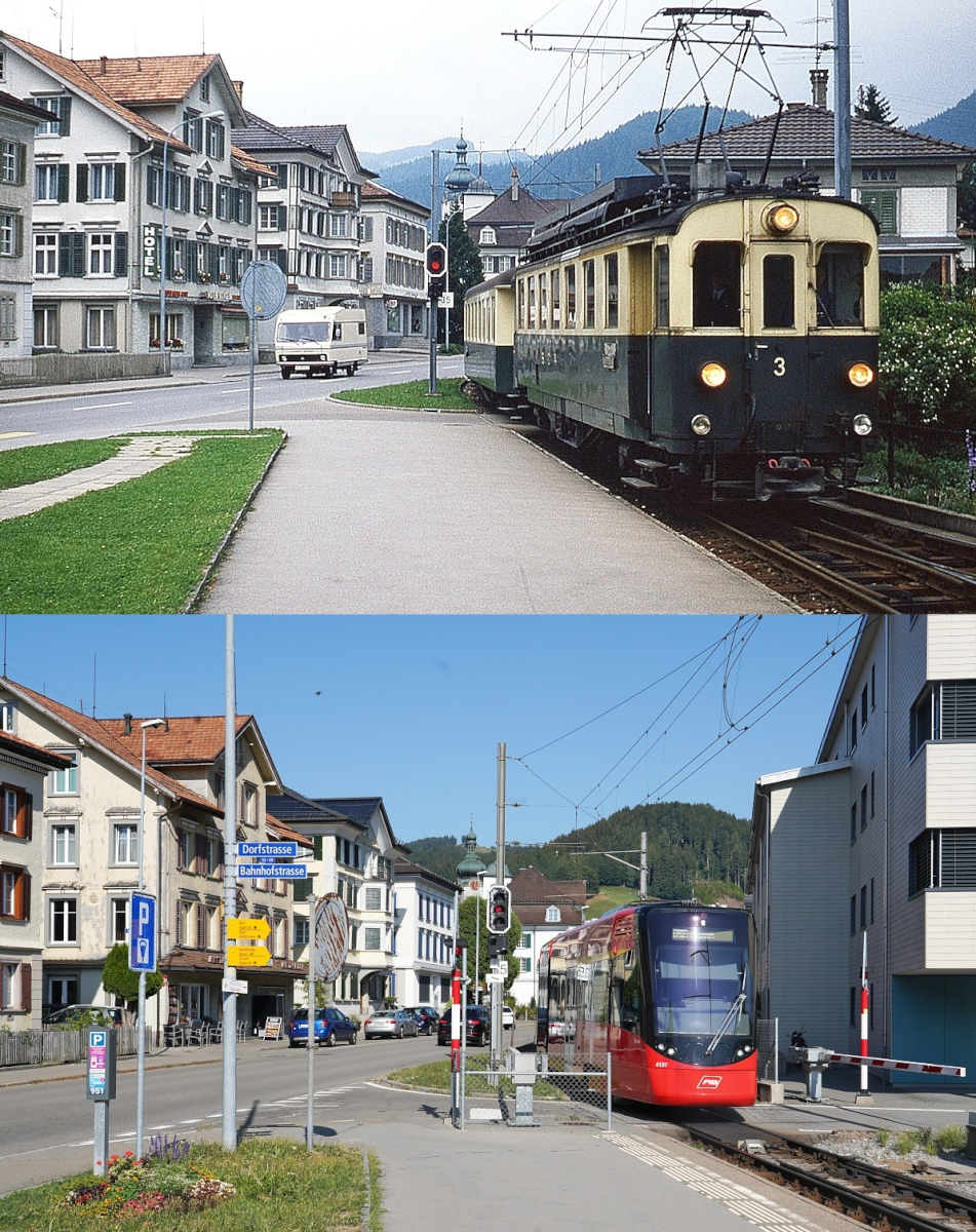 Eigentlich hat sich in der Ortschaft B�hler in den vergangenen 47 Jahren bis auf den Neubau rechts nicht allzu viel ge�ndert: Oben trifft der aus Appenzell kommende ABDeh 4/4 3 der SGA im Fr�hjahr 1979 ein, darunter der Be 4/6+Abe 4/6 4107 am 12.08.2026. Neben der in der Zwischenzeit installierten Schrankenanlage f�llt vor allem auf, dass heute – aus welchem Grund auch immer – wesentlich mehr Hinweisschilder als in der Vergangenheit ben�tigt werden…