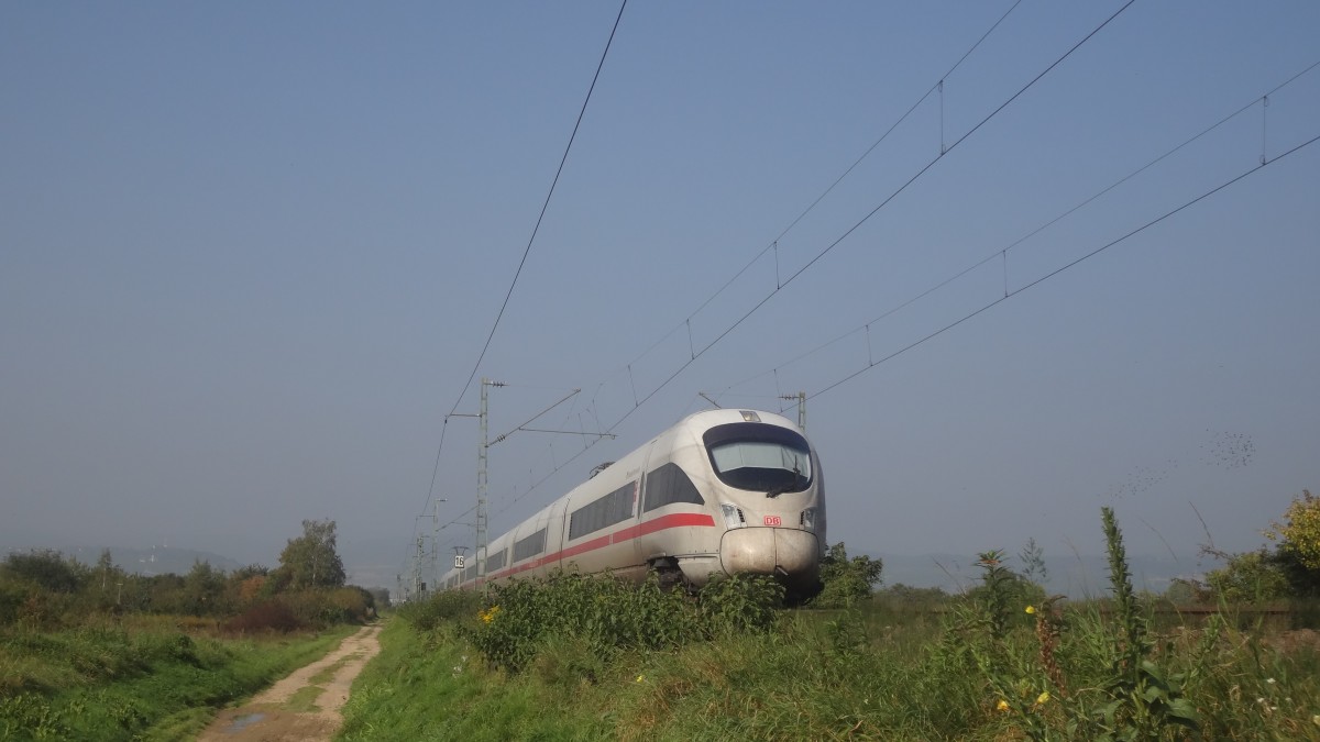 Ein 411 war am 3. Oktober als ICE Hamburg-Wien unterwegs. Hier ist dieser bei Gau-Algesheim zusehen. 