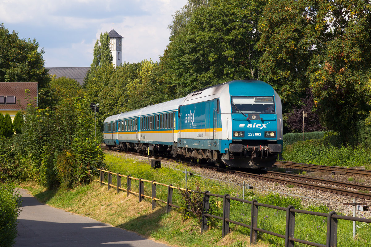 Ein Alex mit 223 063 aus dem Allgäu kommend in Lindau Aeschach. 17.8.18