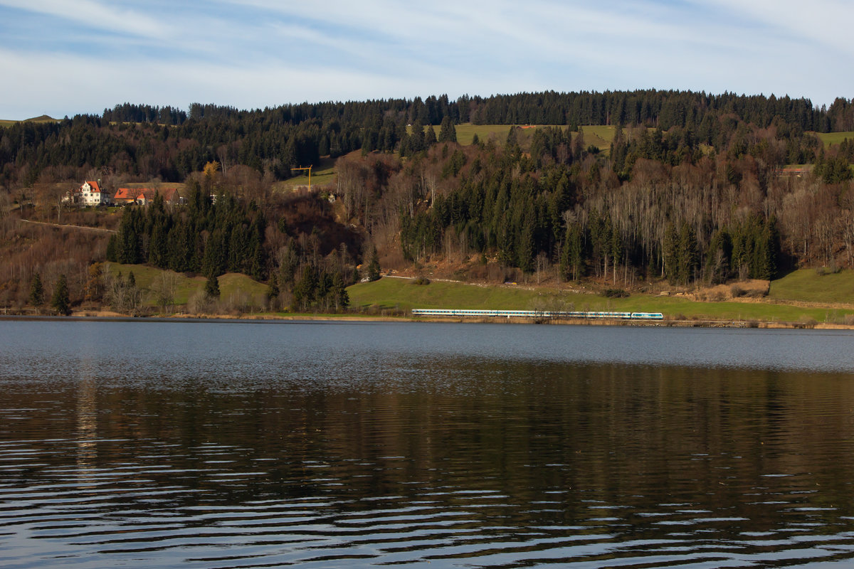 Ein Alex schlängelt sich am Mittag des 21.11.20 am großen Alpsee bei Immenstadt (Allgäu) entlang. 