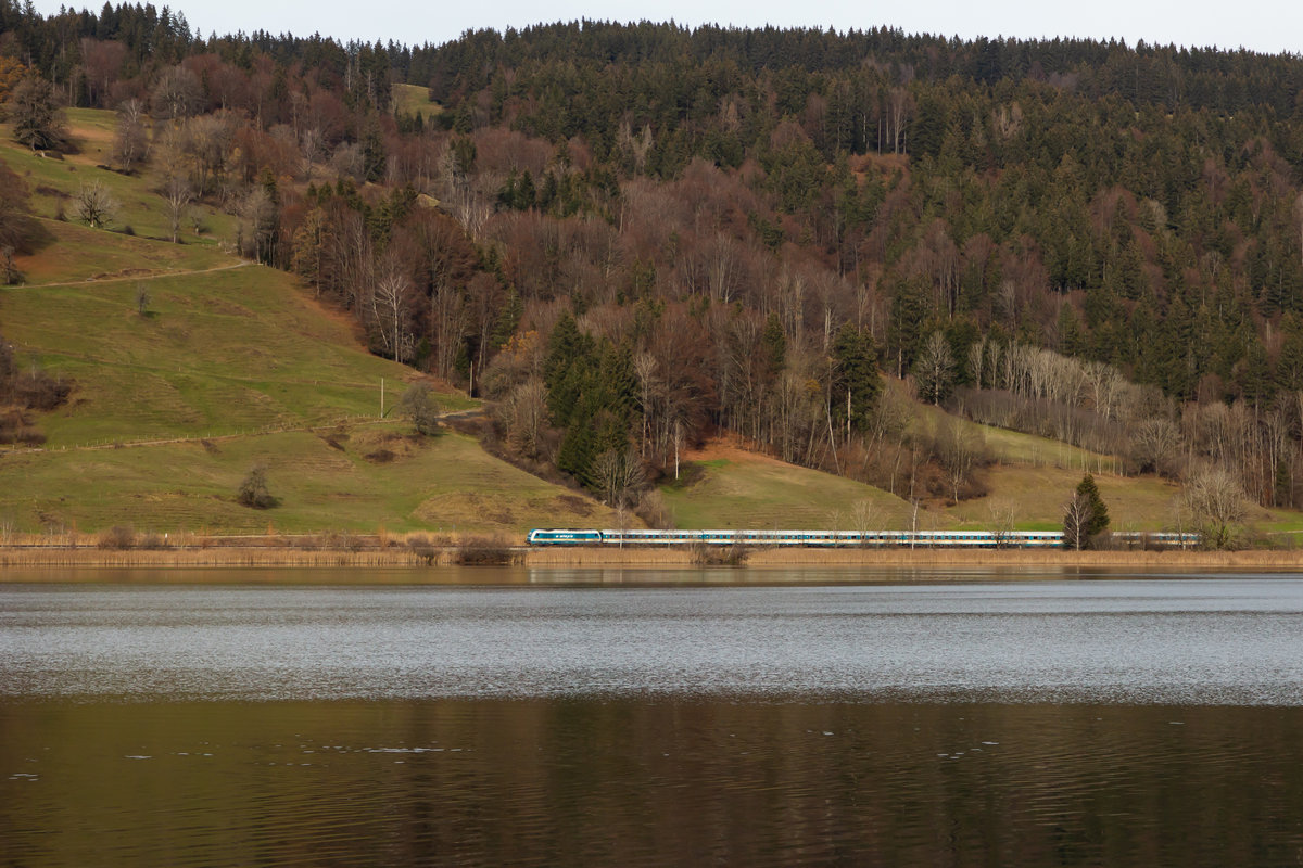 Ein Alex schlängelt sich am Mittag des 21.11.20 am großen Alpsee bei Immenstadt (Allgäu) entlang. 