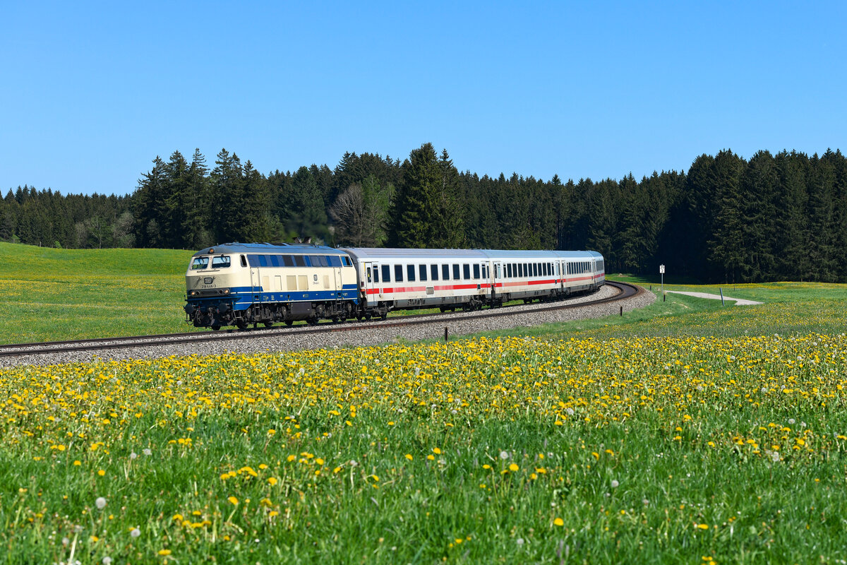 Ein allerletztes Mal Löwenzahnblüte im Allgäu mit dem IC 2085. Am 02. Mai 2025 diente mir bei Riedles eine noch nicht ganz verblühte Wiese mit Löwenzahn als Motiv für den IC 2085  Nebelhorn  von Hamburg Altona nach Oberstdorf. Im Oktober 2025 wurde dieses hauptsächlich an Touristen gerichtete Angebot von DB Fernverkehr endgültig eingestellt. Am Tag der Aufnahme war die ozeanblau-beige 218 446 für diesen Dienst eingeteilt. Jahrzehnte lang war der planmäßige Einsatz der klassischen Bundesbahnloks ein gewohntes Bild in der Region. Nun heißt es Abschied nehmen - übrigens auch vom Fernverkehr mit Reisezugwagen. 