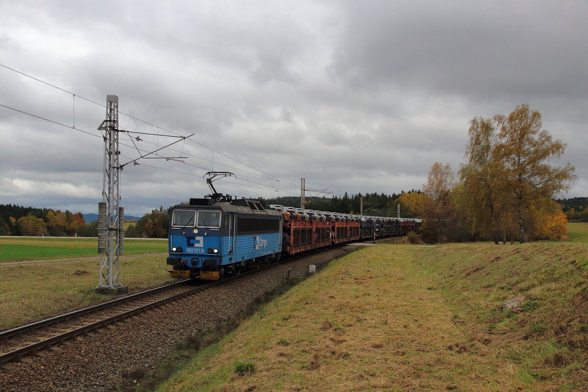 Ein Autozug in Bujanov aus Österreich kommend konnte am 31.10.2023 aufgenommen werden. Gezogen wurde der Zug von der 363 521.