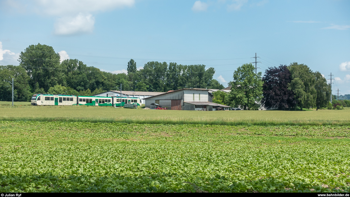 Ein Be-4/4-Pendelzug der MBC fährt am 5. Juni 2018 bei Bussy-Chardonney Richtung Bière.