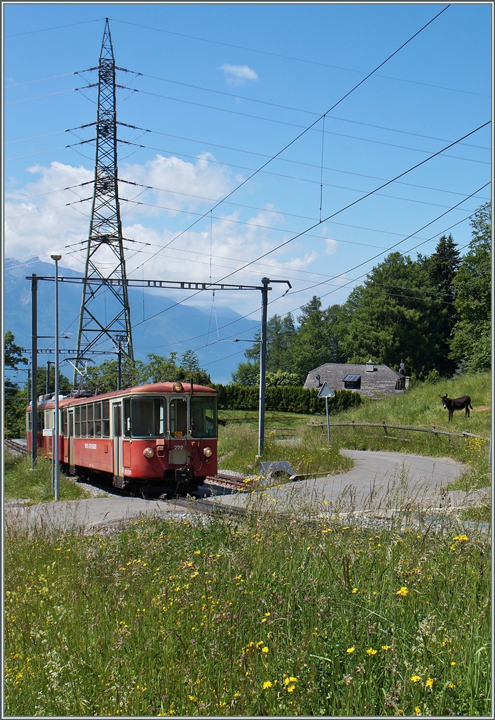 Ein bekanntes Sujet mit neuen  Zutaten : links statt  nur  einem BDhe 2/4 schiebt dieser eine Bt Richtung Les Pleiades und ganz rechts im bild ist ein kleiner Esel zu erkennen.
2. Juni 2015