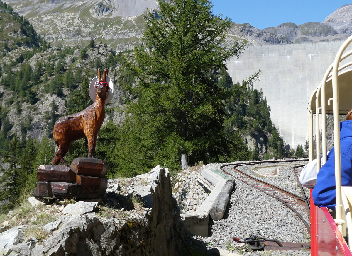 Ein bisschen Spass muss sein! Bergziege mit Sonnenbrille und Hut neben dem Panoramazug beim Stausee Lac d'Emosson. Im Hintergrund ist ein Teil der Staumauer sichtbar. Lac d'Emosson, 25.8.2025