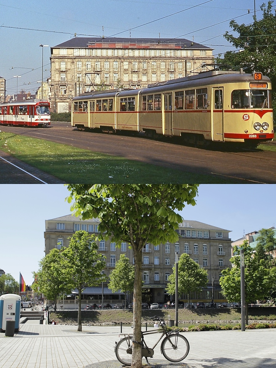 Ein Blick auf die Fassade des Düsseldorfer Parkhotels im Frühsommer 1980 und am 31.05.2023: Oben mit dem Fernbahntriebwagen K53U 2263 und einem GT8SU, darunter mit Fahrrad und Dixie-Klo. 1980 war der Jan-Wellem-Platz der bedeutendste Straßenbahnknotenpunkt in Düsseldorf, heute sind die Königsallee (links) und der Hofgarten (rechts) schienen- und straßenfrei verbunden. Zum Zeitpunkt der Aufnahme hatten die GT8SU  den Betrieb auf der Fernbahnstrecke nach Krefeld bereits übernommen, die letzten beiden K53U 2262 und 2263 wurden nur noch für einige wenige Einsatzzüge im Berufsverkehr benötigt. Gerne wäre ich für die Aufnahme noch einige Meter zurückgegangen, allerdings hätte ich dann mitten in der Auslage eines Nobelgeschäftes gestanden und so zog ich es vor, mich draußen an das Schaufenster zu pressen.