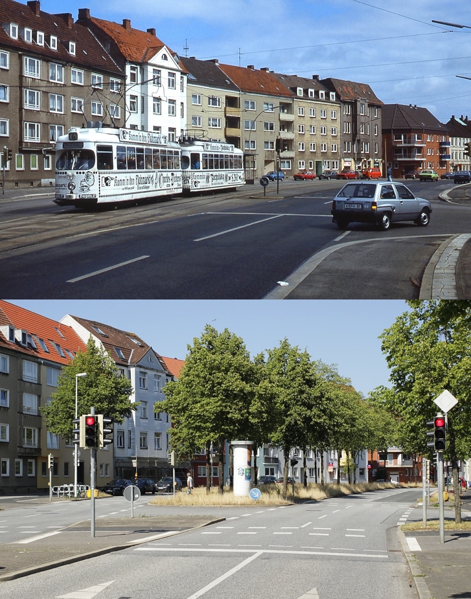 Ein Blick auf die Schönberger Straße in Kiel-Wellingdorf am 27.04.1985 und am 08.07.2023: Oben mit einem Großraumwagendoppel, vorne der GT4 245, darunter mit der inzwischen begrünten ehemaligen Straßenbahntrasse