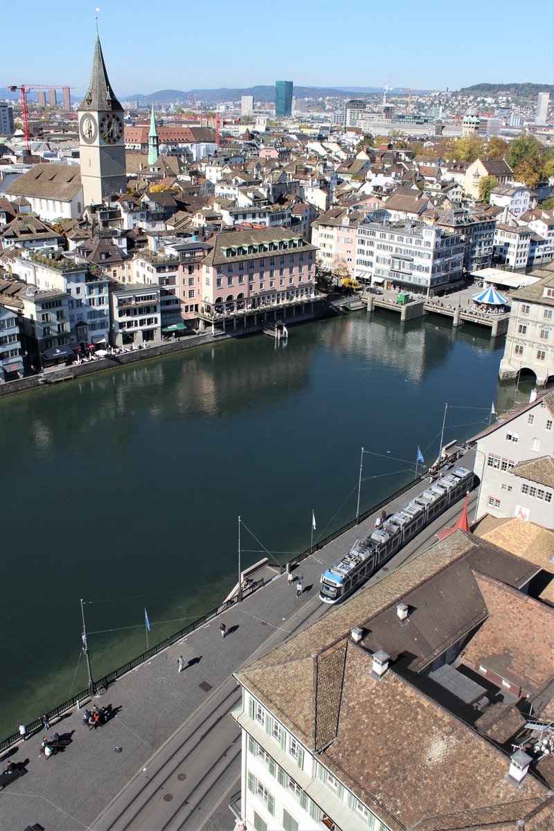 Ein Blick auf die Stadt Zürich: 
Ein VBZ-Cobratram beim Rathaus. 
Der im Bild zu erkennenden Kirchturm ist das berühmte Frauenmünster und etwas weiter hinten ist auch der Prime Tower zu sehen.

Aufgenommen am 11. Oktober 2017 auf dem Grossmünster.