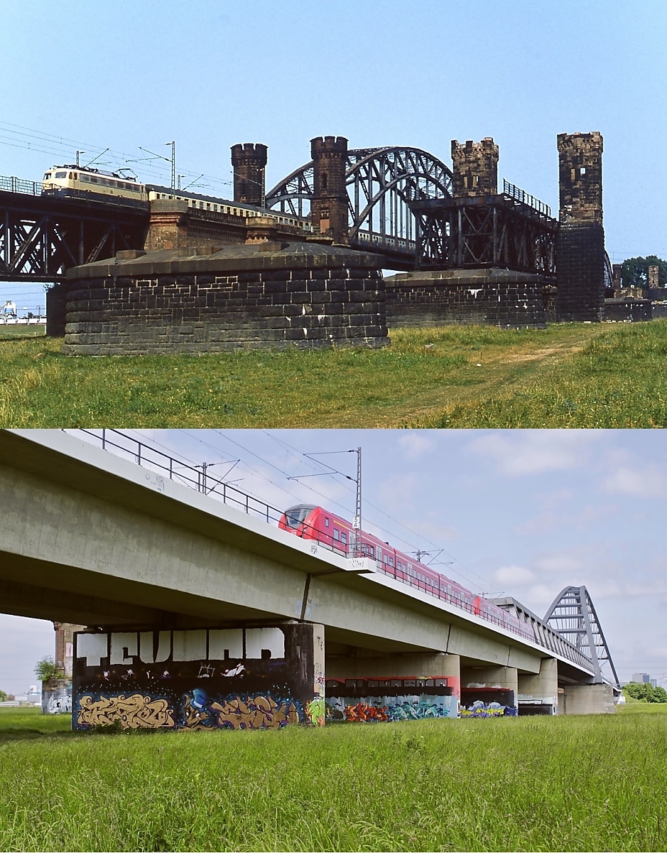 Ein Blick von der Neusser Seite auf die Hammer Brücke, die zwischen Düsseldorf und Neuss über den Rhein führt: Oben wird die nördliche Brücke um 1982 von einer 110.3 mit einem Eilzug überquert, im Vordergrund die Reste der südlichen Brücke, die nach dem 2. Weltkrieg nicht wieder aufgebaut wurde. Darunter befährt ein 1 440-Doppel mit einer S 8 am 25.05.2023 den 1987 in Betrieb genommenen viergleisigen Neubau. 