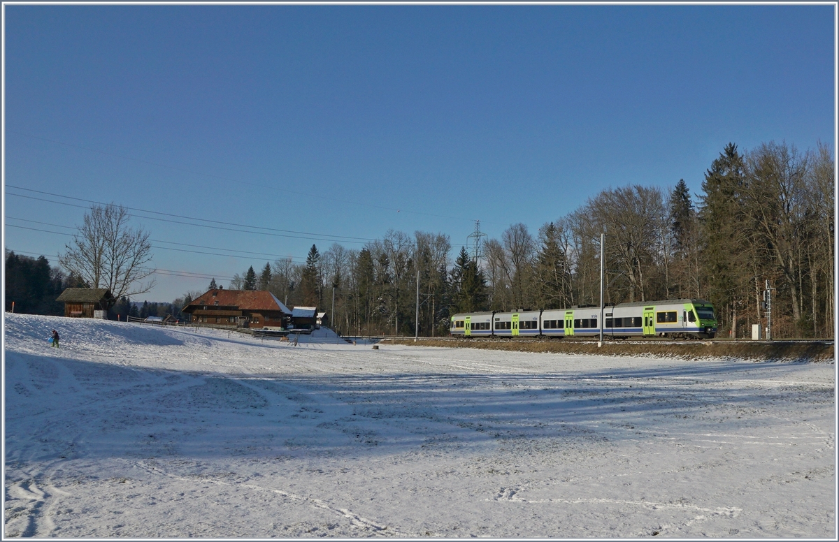 Ein BLS Nina RABe 525 ist kurz vor Lützelflüh-Goldbach auf der Fahrt durchs verschneite Emmental. 

6. Januar 2017