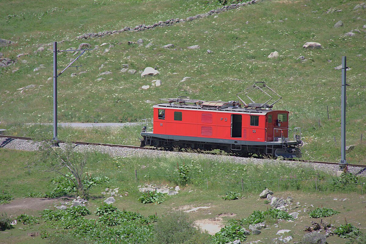 Ein charakteristischer Elektrooldtimer, die FO 36, f�hrt am 04.07.2026 als Lokzug nach Realp, um den Jubil�umszug Brig - Disentis abzuholen, 100 Jahre Furka-Oberalp-Bahn. �ber die Bergstrecke war eine Dampflok n�tig.