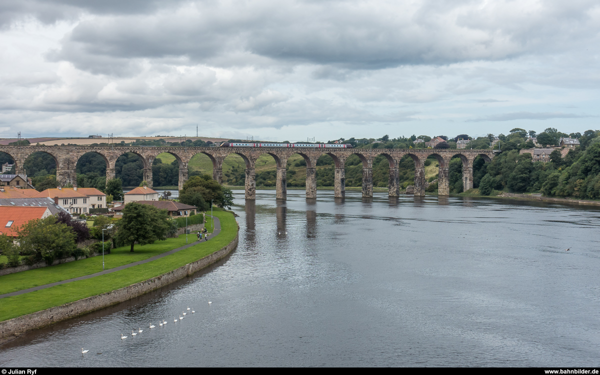 Ein CrossCountry Voyager befährt am 20. August 2017 die Royal Border Bridge in Berwick upon Tweed. Auf dem River Tweed ist derweil eine Schwanenkarawane unterwegs.