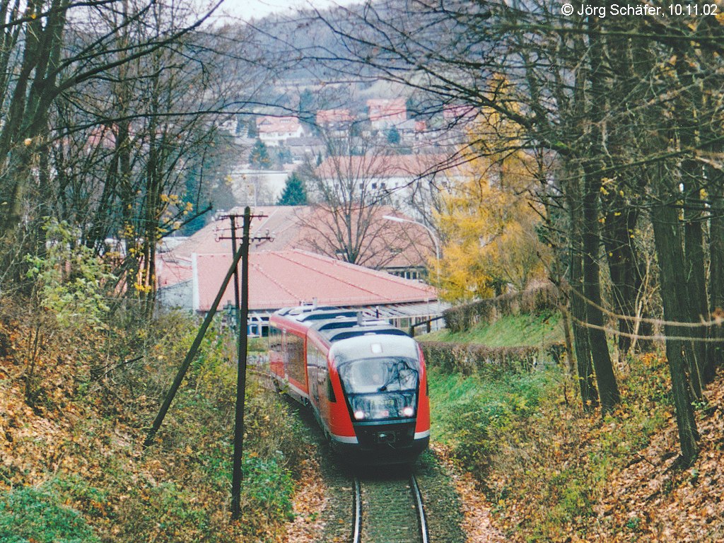 Ein DB-„Desiro“ hatte am 10.11.02 gerade den Bahnübergang der Häfnergasse in Ebern passiert. Durch einen Einschnitt im Wald führte sein Weg weiter Richtung Bamberg. 