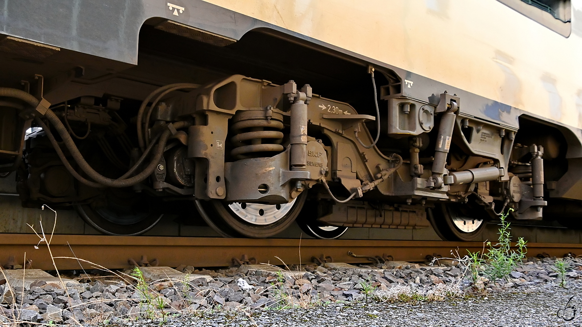 Ein eher ungewöhnlicher Blick auf eines der Drehgestelle an einem ODEG-Elektrotriebzug. (Stralsund, August 2021)