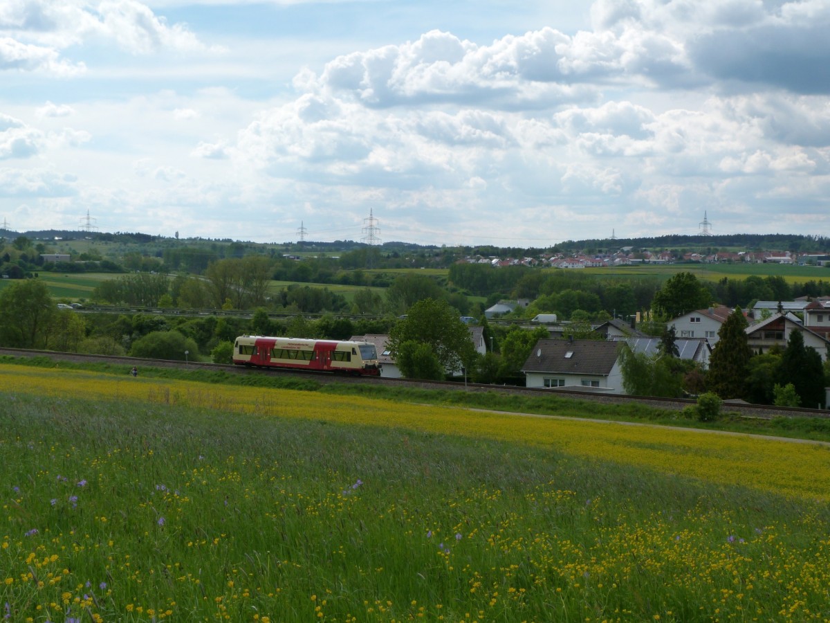 Ein einzelner HZL Triebwagen der Baureihe 650 fährt am 16.5.14 als Zug 88336 über die KBS 766. 
Der Zug wurde zwischen Balingen und Engstglatt aufgenommen. Engstglatt ist ein Bedarfshalt, ob der Zug wohl halten musste?