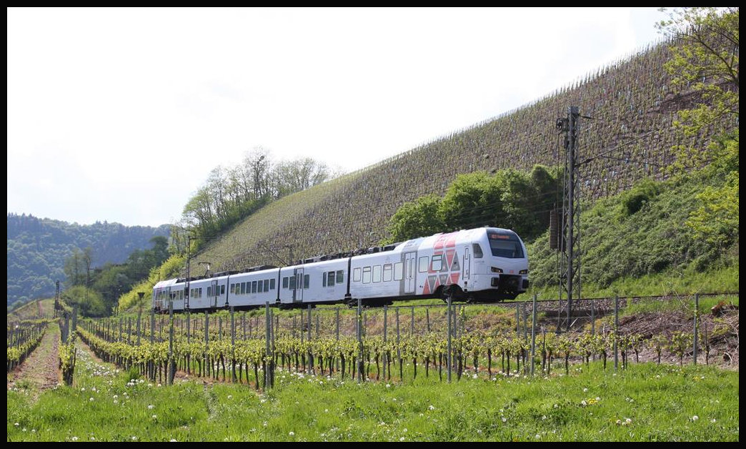 Ein ET 429 der Süwex ist hier am 1.5.2018 um 15.48 Uhr bei Kanzem in Richtung Saarbrücken unterwegs.