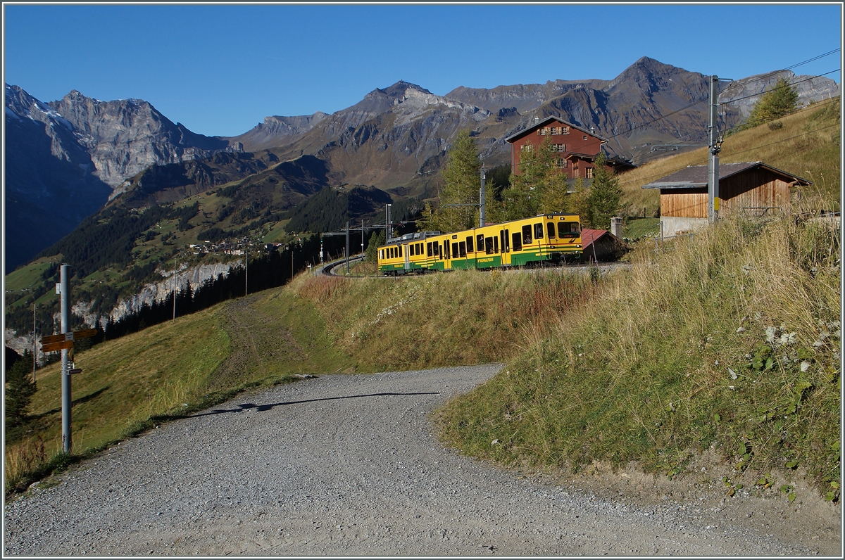 Ein etwas eckiger WAB Zug verlässt die Wengener Alp auf der Fahrt Richtung Kleine Scheidegg. 
9. Okt. 2014