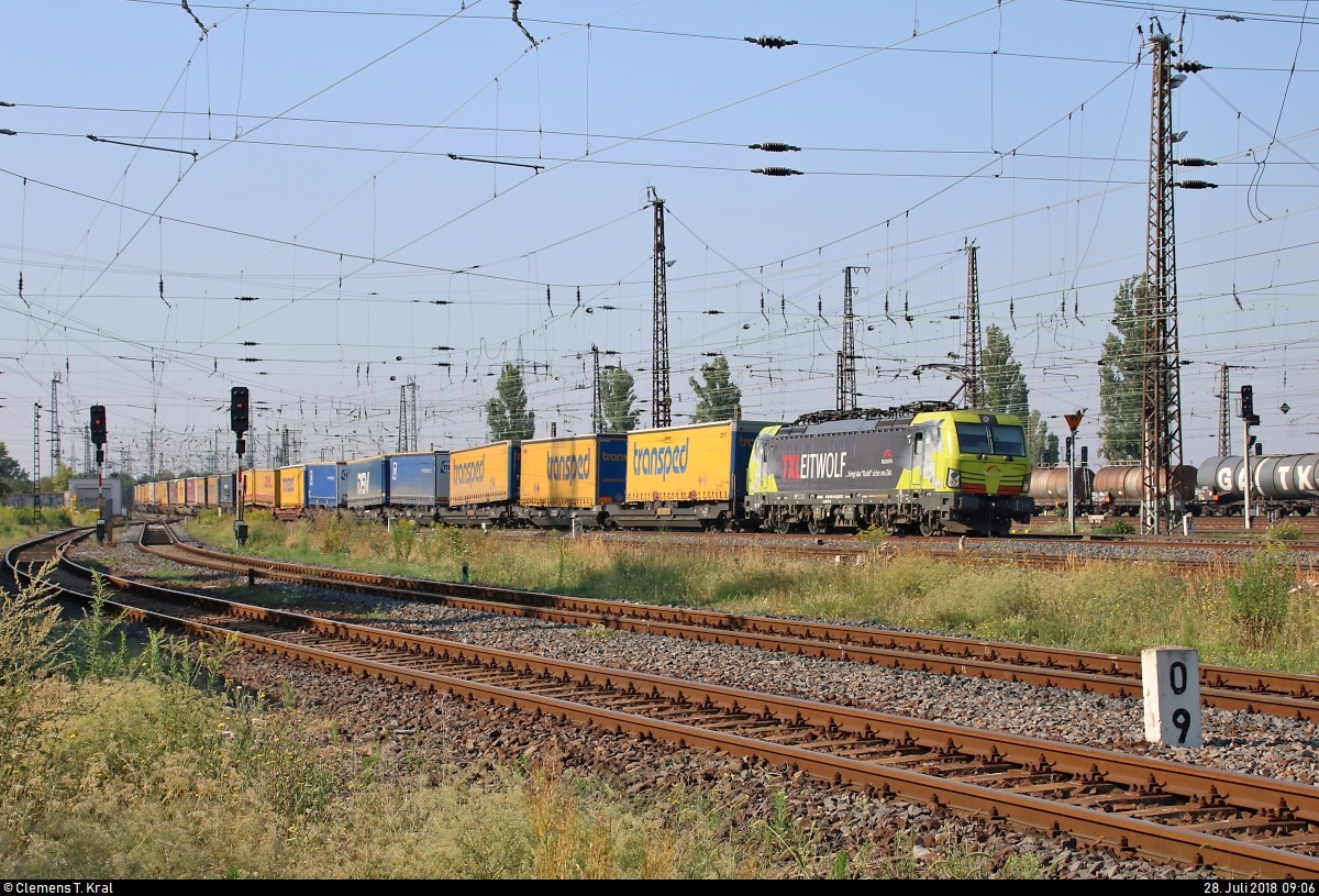 Ein farblich sehr schön abgestimmter KLV-Zug mit 193 554-3 (Siemens Vectron)  TXLEITWOLF  der Alpha Trains Luxembourg S.à r.l., vermietet an die TX Logistik AG, durchfährt den Bahnhof Großkorbetha in nördlicher Richtung.
[28.7.2018 | 9:06 Uhr]