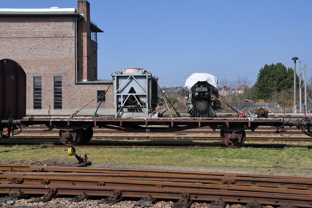 Ein Flachwagen, gesehen Anfang April 2018 im Sächsischen Eisenbahnmuseum Chemnitz-Hilbersdorf.