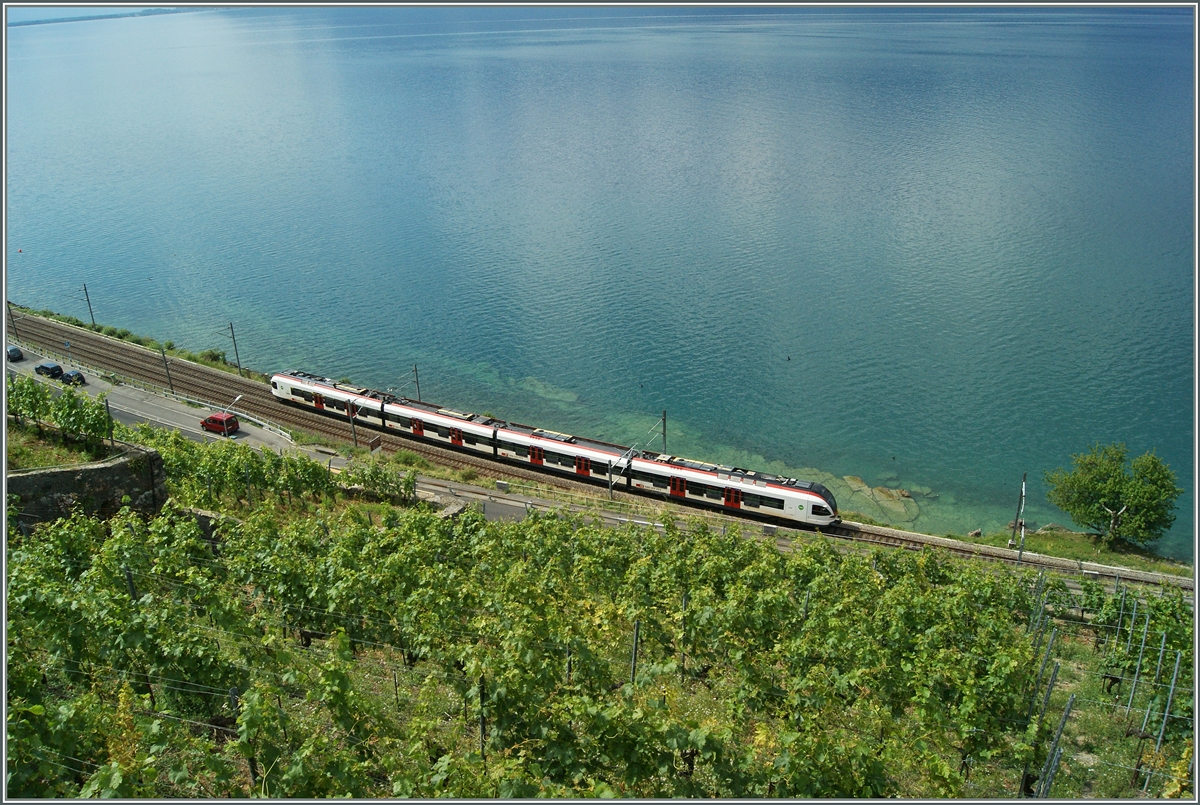 Ein Flirt fährt als Regionalzug 12132 auf der Fahrt von Villenueve nach Yverdon bei St-Saphorin dem Lac Léman entlang. 
27. Juni 2015